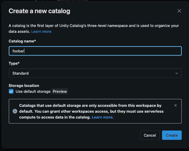 Databricks Create New Catalog Modal